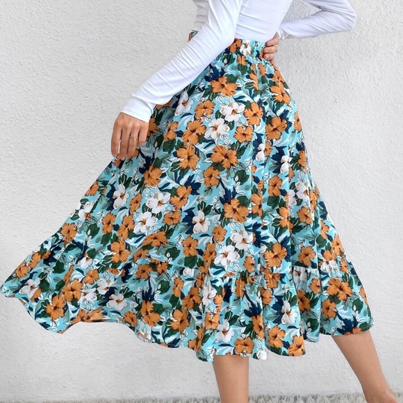 Boho Floral Print Flowy High waist Skirt - Picture 4 of 9